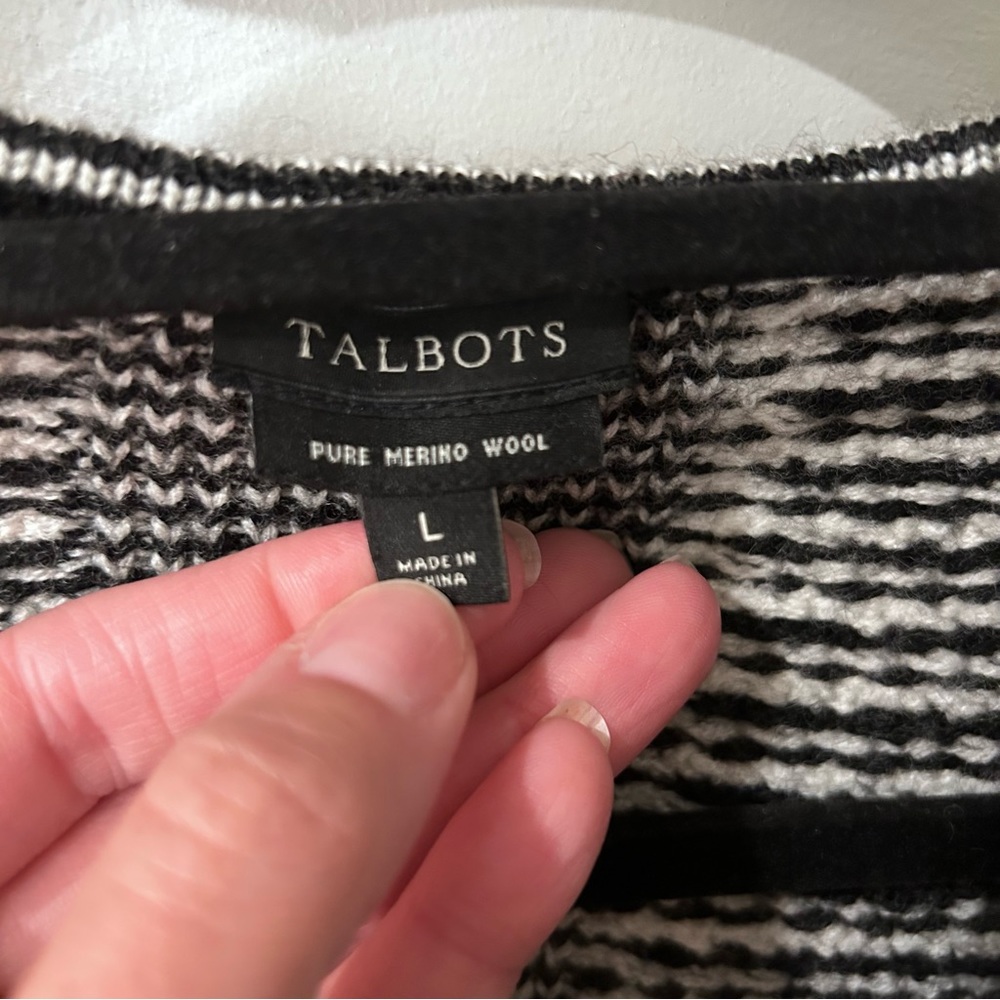Talbots Black & White Merino Wool Open Front-Lg - Picture 2 of 5
